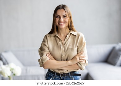 Head Shot Portrait Young Woman Sitting On Couch Looking At Camera Having Conversation Using Computer Webcam Modern Tech Talking With Friend, Girl Recording Vlog Passing Job Interview Distantly Concept