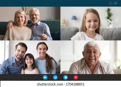 Head shot portraits webcam laptop screen view diverse people using videoconference application enjoy online meeting. Multi generational family involved in group videocall distant communication concept