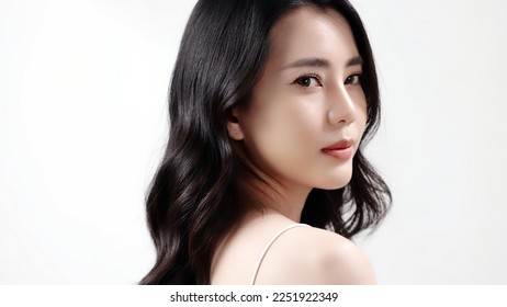 Head shot pretty Asian woman with curly hair isolated on white. Hair care. Keratin treatment. Beauty fashion make up and hairstyle. - Powered by Shutterstock