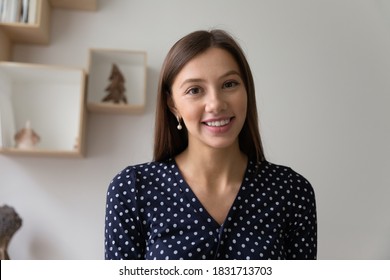 Head Shot Profile Portrait Photo Of Young Smiling Beautiful Woman. Happy Millennial European Female Enjoying Communicating Online By Video Call, Virtual Event, Internet Conference, Web Camera View.