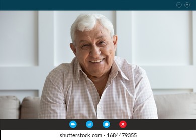 Head Shot Screen Software Application View Happy Middle Aged Elderly Man Communicating Chatting Talking Speaking With Grown Up Children Family Or Friends Online, Staying At Home During Quarantine.