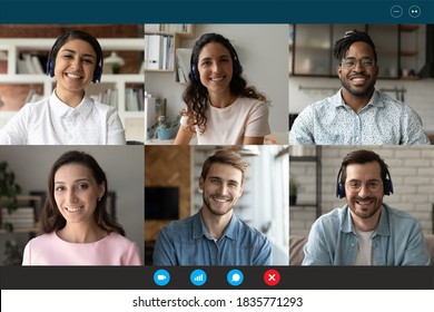 Head shot screen view diverse colleagues chatting online, video call concept, business partners employees brainstorming, negotiating, discussing project, engaged in briefing, internet meeting - Shutterstock ID 1835771293