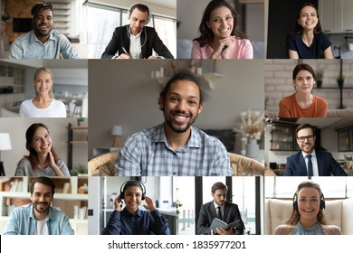 Head shot screen view diverse colleagues group brainstorming online, engaged in conference, internet meeting, business people partners brainstorming, discussing project strategy, video call