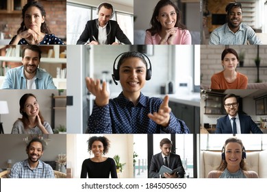 Head shot screen view diverse colleagues employees working online, making video call, engaged in conference, business people brainstorming, negotiating, using webcam and social media platform - Shutterstock ID 1845050650
