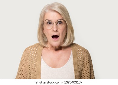 Head shot studio portrait mid age amazed mature woman in glasses open mouth gawp look at camera feels stunned isolated on grey background, shocking news, crazy discount sale, terrible happened concept - Shutterstock ID 1395403187