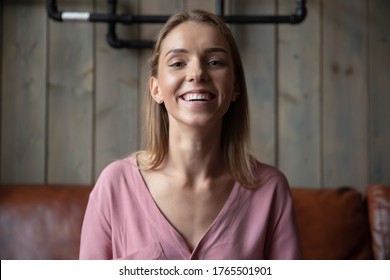 Head shot woman use app modern tech pc screen view provide support to client by distant communication, vlogger record new vlog, girl enjoy informal chat by video call with friends, e-date user concept - Shutterstock ID 1765501901