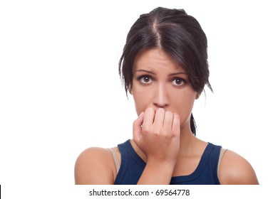 Head Shot Of Worried Woman Over White Background