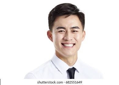 Head Shot Of A Young Asian Businessman, Happy And Smiling, Studio Shot, Isolated On White Background.