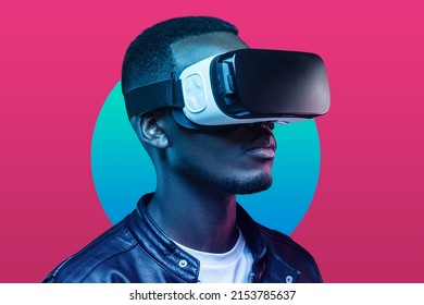 Head And Shoulders Image Of Cool Futuristic African Guy In Leather Coat Exploring Cyberspace Of Virtual World Wearing Vr Headset Isolated Over Pink And Blue Retro Background