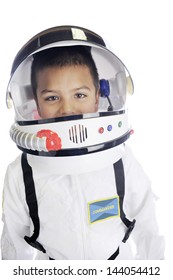 Head and shoulders image of an elementary "astronaut" in his uniform and helmet, with his visor opened.  On a white background.