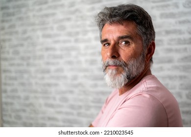 Head And Shoulders Portrait Of A Bearded Middle-aged Man Looking Thoughtfully At The Camera Over A Grey Wall Studio Background With Copy Space. Handsome Man In Portrait. Real People Studio Shot