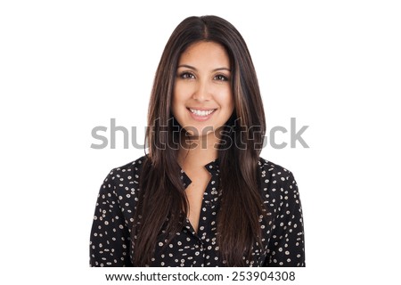 Head and shoulders portrait of a beautiful early 20s mixed race Japanese Hispanic woman isolated on white