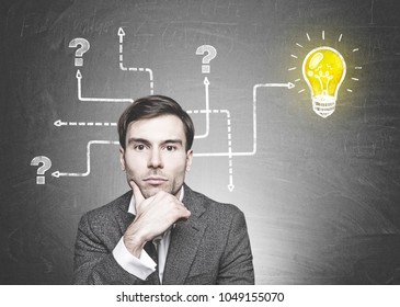 Head and shoulders portrait of a thoughtful young businessman with dark hair looking at the camera. A question marks maze and a lightbulb on a blackboard - Powered by Shutterstock