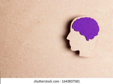 Head silhouette with a purple brain on a brown background with copy space. Epilepsy disease or Alzheimer disease awareness world day.