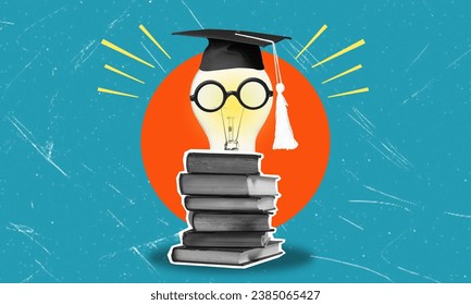 A head with a stack of books and a light bulb as a metaphor for a new idea. Artistic collage.