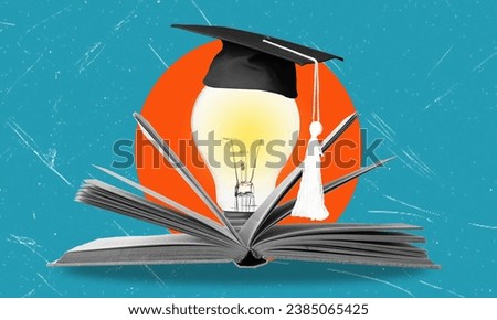 A head with a stack of books and a light bulb as a metaphor for a new idea. Artistic collage.