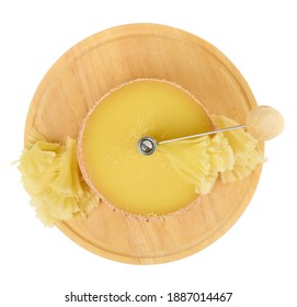 Head Of Tete De Moine Cheese On The Girolle Isolated On A White Background, Shallow Depth Of Sharpness