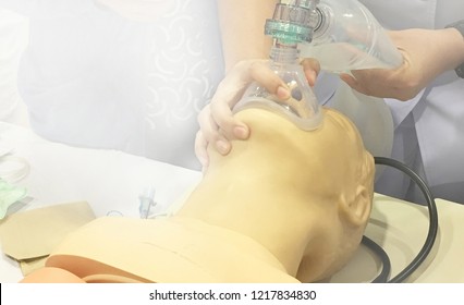 Head Tilt Chin Lift And Mask With Bag Model For Airway Management In CPR Training Course At Simulation Room: Soft Focus