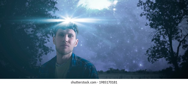 head torch light lamp on the person, exploration and adventure activity outdoor - Powered by Shutterstock