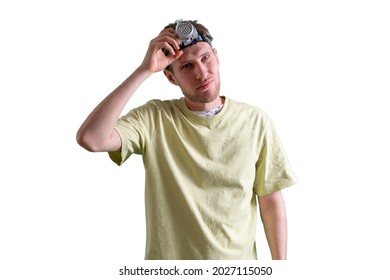 Head Torch Light Lamp On The Person, Exploration And Adventure Activity Outdoor, Isolated White Background