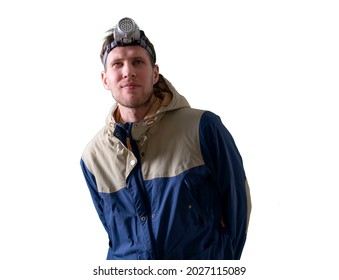 Head Torch Light Lamp On The Person, Exploration And Adventure Activity Outdoor, Isolated White Background