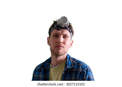 Head Torch Light Lamp On The Person, Exploration And Adventure Activity Outdoor, Isolated White Background