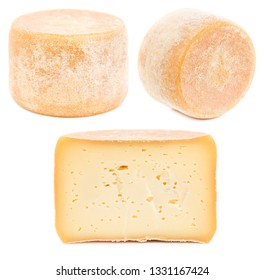 Head (Wheel) of natural hard cheese isolated on white background.