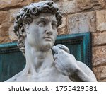 Head of white mable statue of David by Michelangelo, Piazza della Signoria square, Florence, Tuscany,  Italy