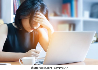 Headache Business Woman Working On Laptop In The Office, Soft Focus