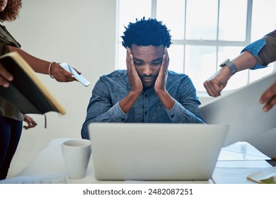 Headache, chaos and business man in office with team hands for support and admin crisis on computer. Young graphic designer at startup agency with stress for multitasking, deadline or time management - Powered by Shutterstock