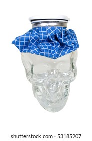 Headache Cure Shown By An Old Fashioned Blue Checkered Ice Pack For First Aid Uses On A Crystal Skull - Path Included