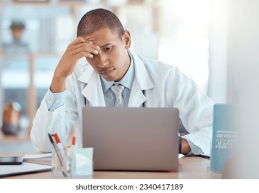 Headache, doctor and man at laptop in medical office with burnout challenge, clinic problem and stress. Frustrated healthcare worker at computer with fatigue, migraine pain and anxiety of 404 mistake - Powered by Shutterstock