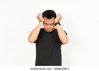 Headache Gesture of Asian Man Wearing Black T-Shirt Isolated On White Background