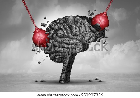 Headache pain and pounding painful migraine concept as a human head brain made of cement being destroyed or renovated by a group of wrecking ball objects with 3D illustration.