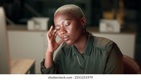 Headache, stress and black woman in office, night and tired of working late, pain and thinking of project. Copywriter, overtime and workaholic with migraine, discomfort and contemplating for deadline - Powered by Shutterstock