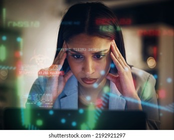 Headache, Stressed And Serious Frustrated Finance Trader Feeling Bad, Tired And Unhappy With Her Financial Stock Investments. Upset, Worried And Worried Female Thinking While Working On Her Computer