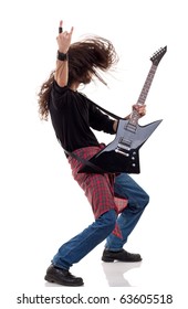 Headbanging Rocker Plays Guitar Over White Background