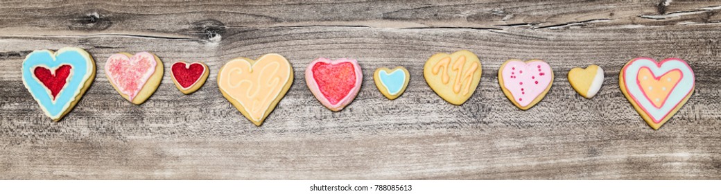 Header, Colorful Heart Cookies In A Line, Concept Mother´s Day Or Valentine´s Day