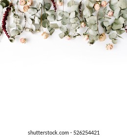 Header. Eucalyptus branches and pink rose buds on white background. Flat lay, top view. Floral composition