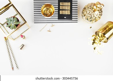 Header website or Hero website, Mockup product view table gold accessories.
Flat lay
