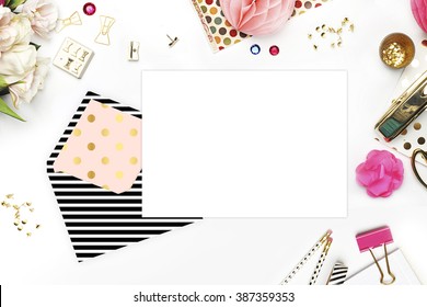Header website or Hero website, Table view office items, white background mock up, woman desk. Polka gold pattern and black stripe