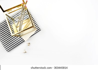 Header website or Hero website, view table gold accessories office items - Shutterstock ID 303445814