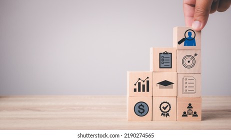 Headhunting and recruitment process job search career. Icons for skills, education, qualification, salary, interview, application. Hiring and human resources workflow and certification concept - Shutterstock ID 2190274565