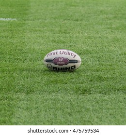 Headingley Carnegie Stadium. Leeds. UK. August 2016. Match Ball For The Leeds Rhinos Home Game Against Hull KR In The First Utility Super League- The  Number 1 Rugby League Club Competition In Europe