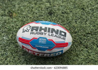 Headingley Stadium. Leeds. UK April 2016 Official Match Ball For The Super League Fixture Between Leeds Rhinos And Widnes Vikings Rugby League Clubs