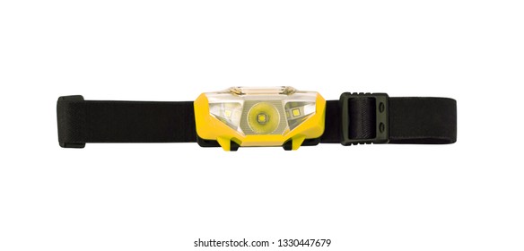Headlamp Or Headlight With Elastic Strap Isolated On White Background. Sport Equipment Attaching To Head Or Helmet