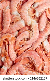 Headless Pink Shrimps Close Up Texture. Seafood Concept 