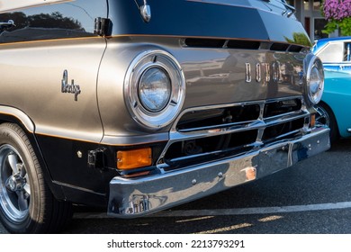 Headlight Of Brown Dodge A100 Van 1965. Snohomish, WA, USA - September 2022