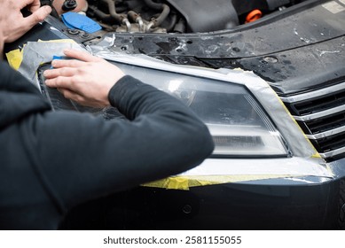 Headlight polishing and protective PPF application for enhanced clarity and long-lasting protection. Professional detailing service ensuring a sleek finish and improved durability.