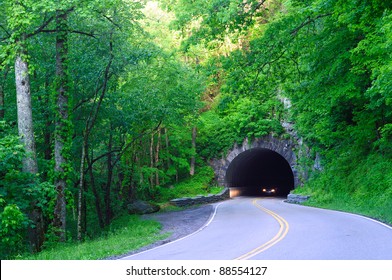 Headlights Emerging From A Highway Tunnel In Great Smoky Mountains National Park